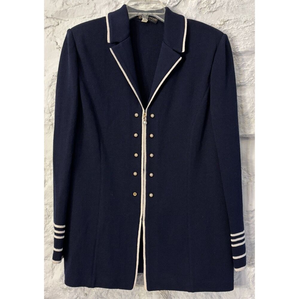 Vintage St. John Basics Santana Knit Navy Zip Jacket 12 Nautical Preppy READ